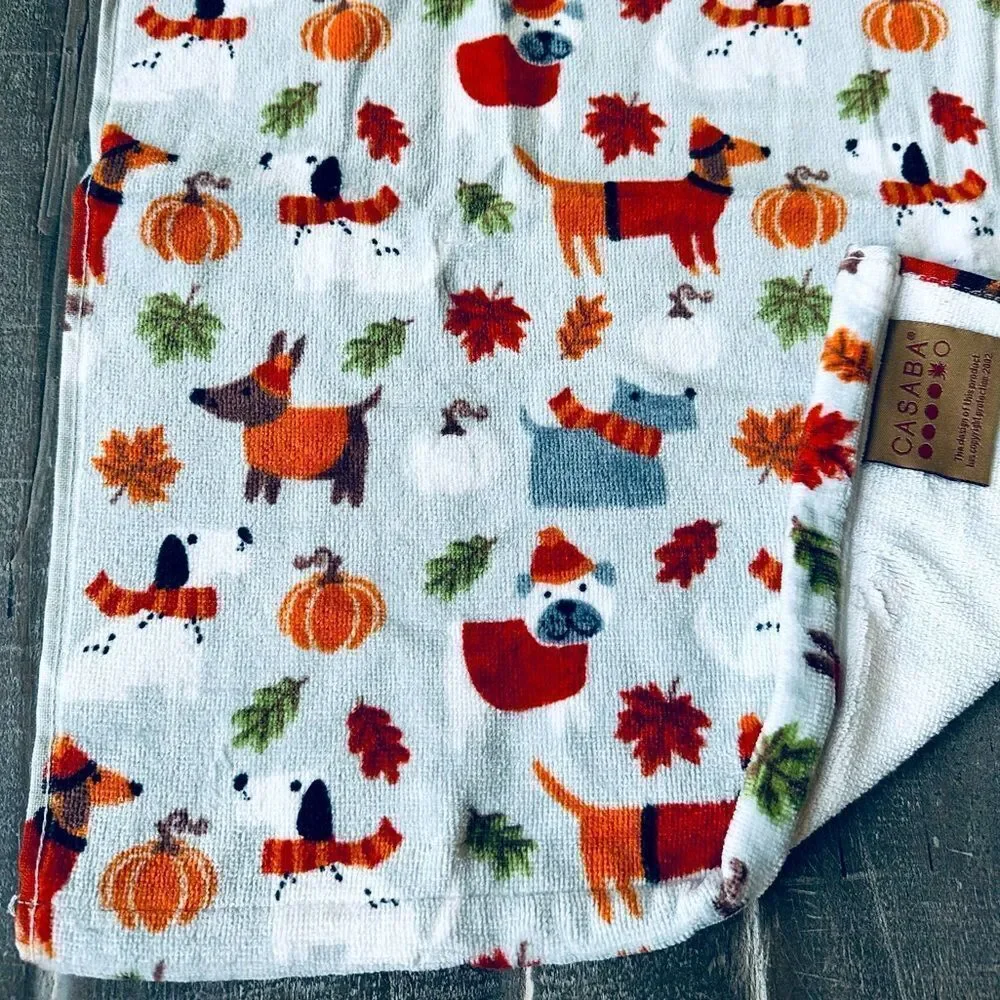 Fall Pumpkin Dogs Print Gray Casaba Hand Towel
